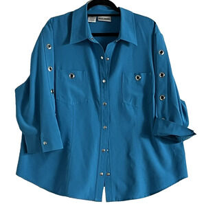 KC Studio Womens Blue Blouse 22WP Snaps Closure Grommets On Sleeves Casual Fall